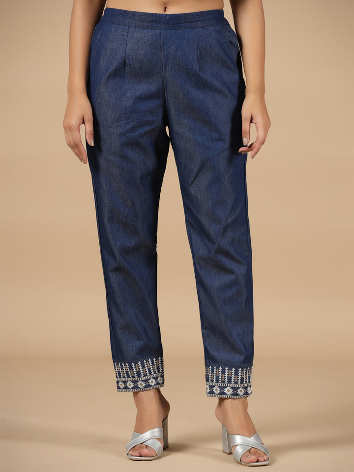 Denim Embroidered Straight Pant