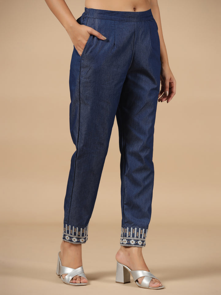 Denim Embroidered Straight Pant