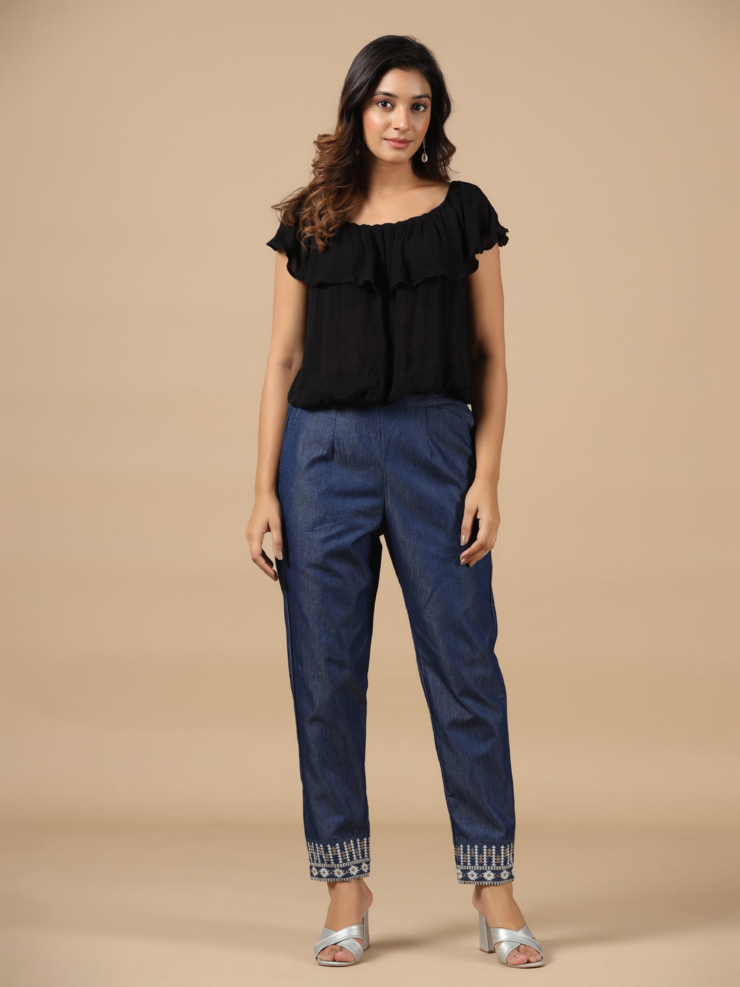 Denim Embroidered Straight Pant