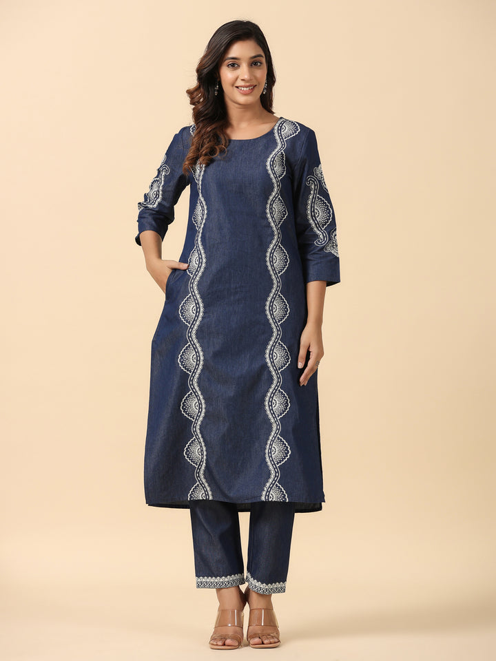 Denim Blue Embroidered Straight Kurta Pant Set