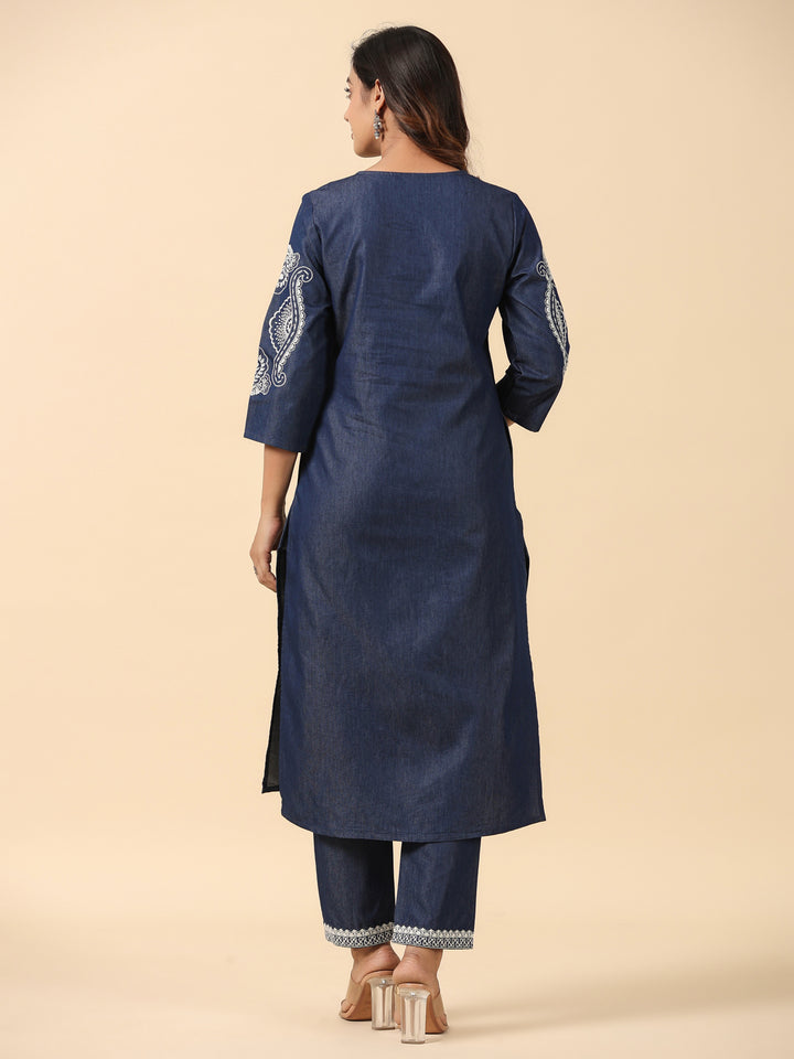 Denim Blue Embroidered Straight Kurta Pant Set