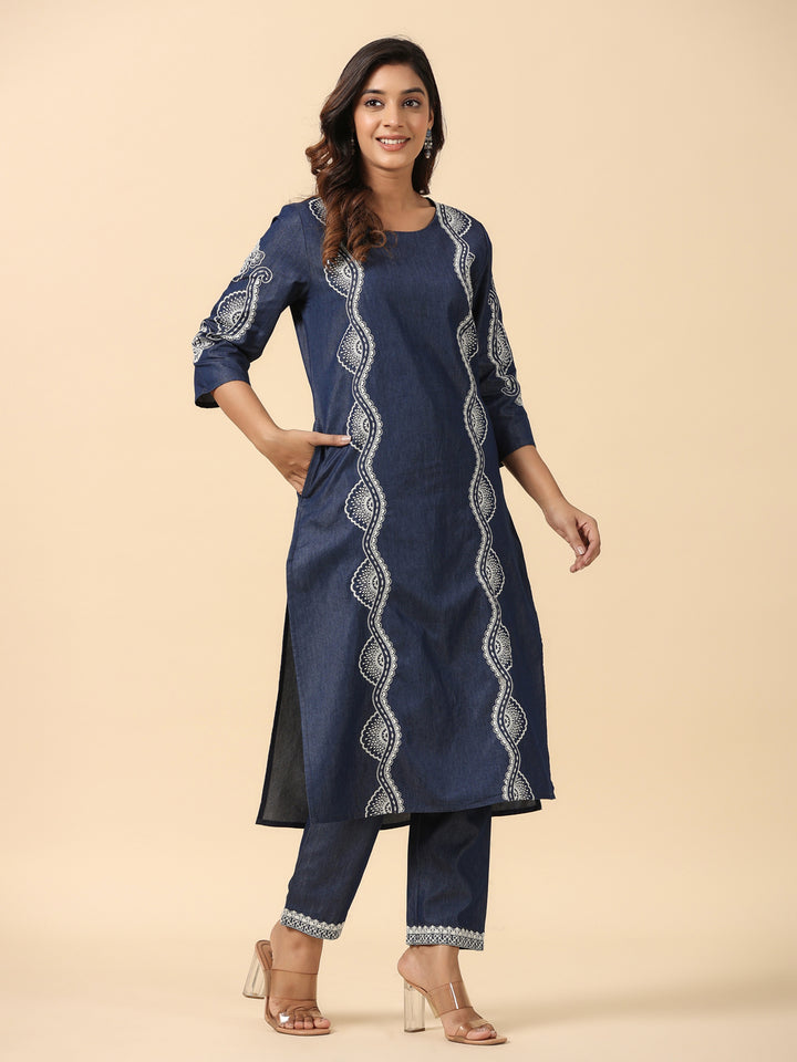 Denim Blue Embroidered Straight Kurta Pant Set