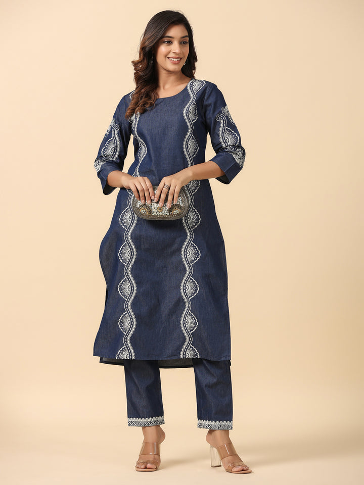 Denim Blue Embroidered Straight Kurta Pant Set