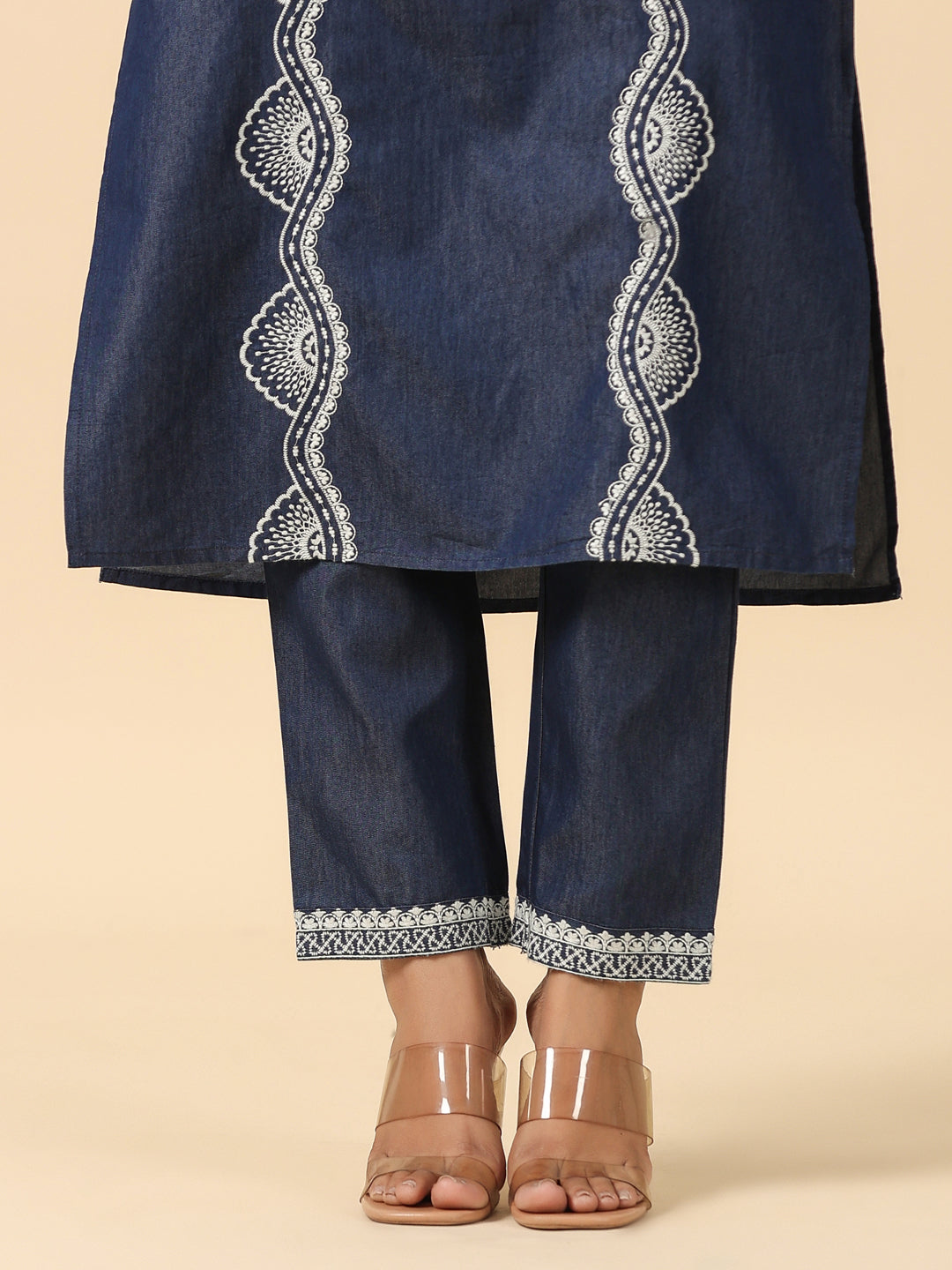 Denim Blue Embroidered Straight Kurta Pant Set