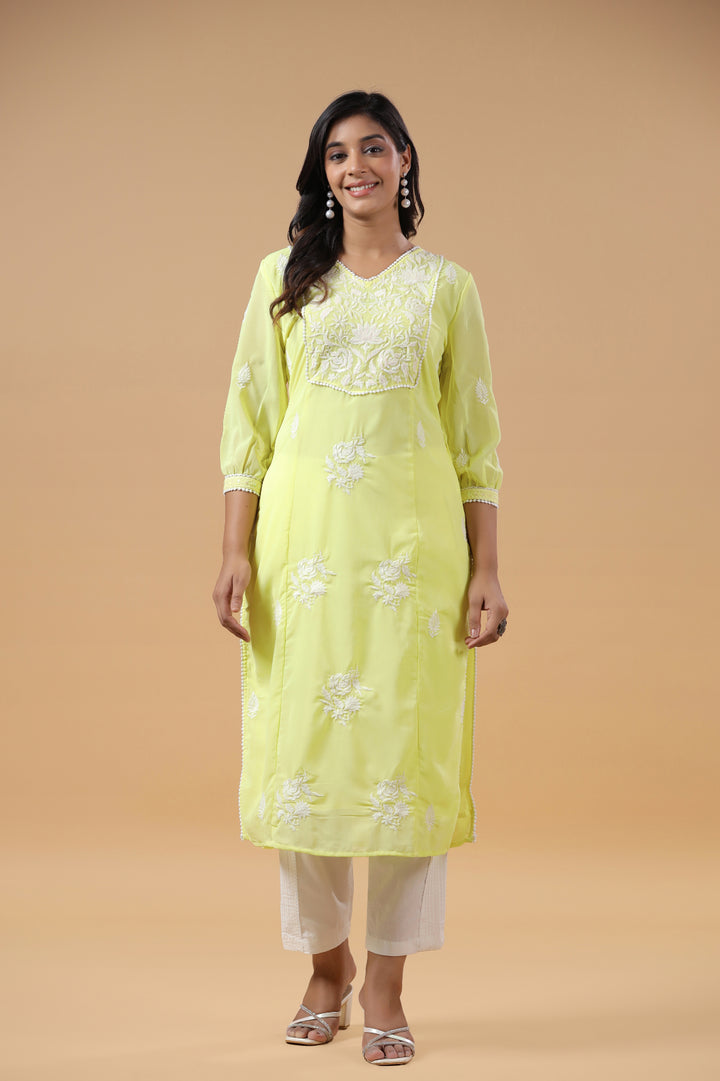 Yellow Georgette Embroidered Detailed Straight Kurta