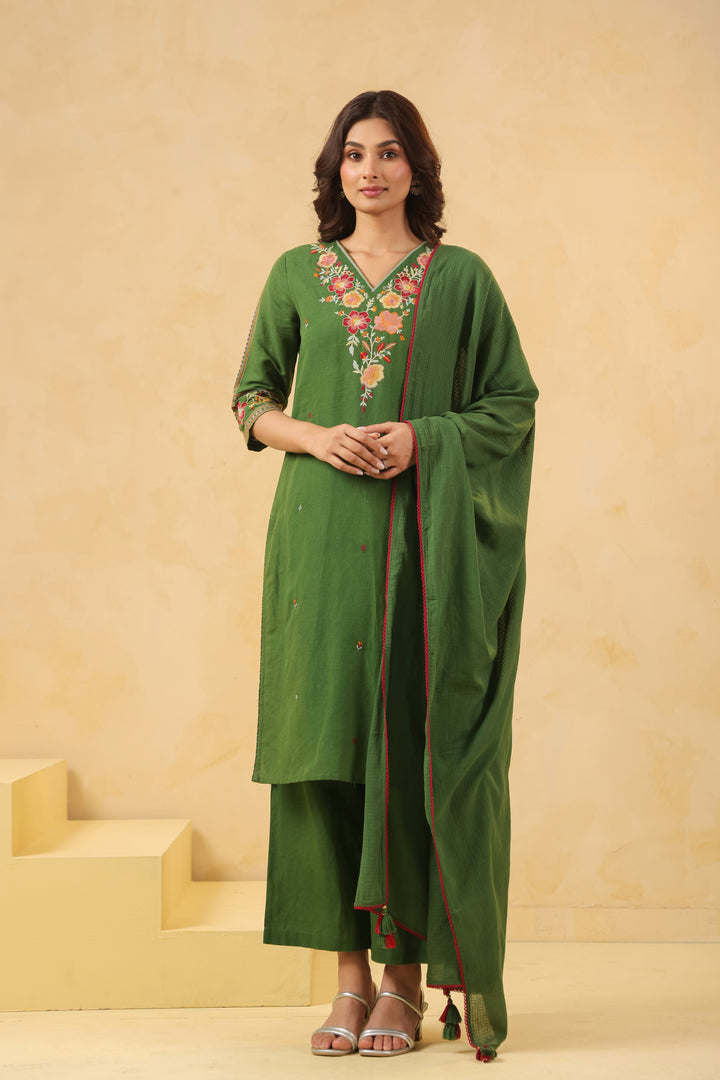 Green Cotton Embroidered Designer Kurta Pant With Dupatta Set