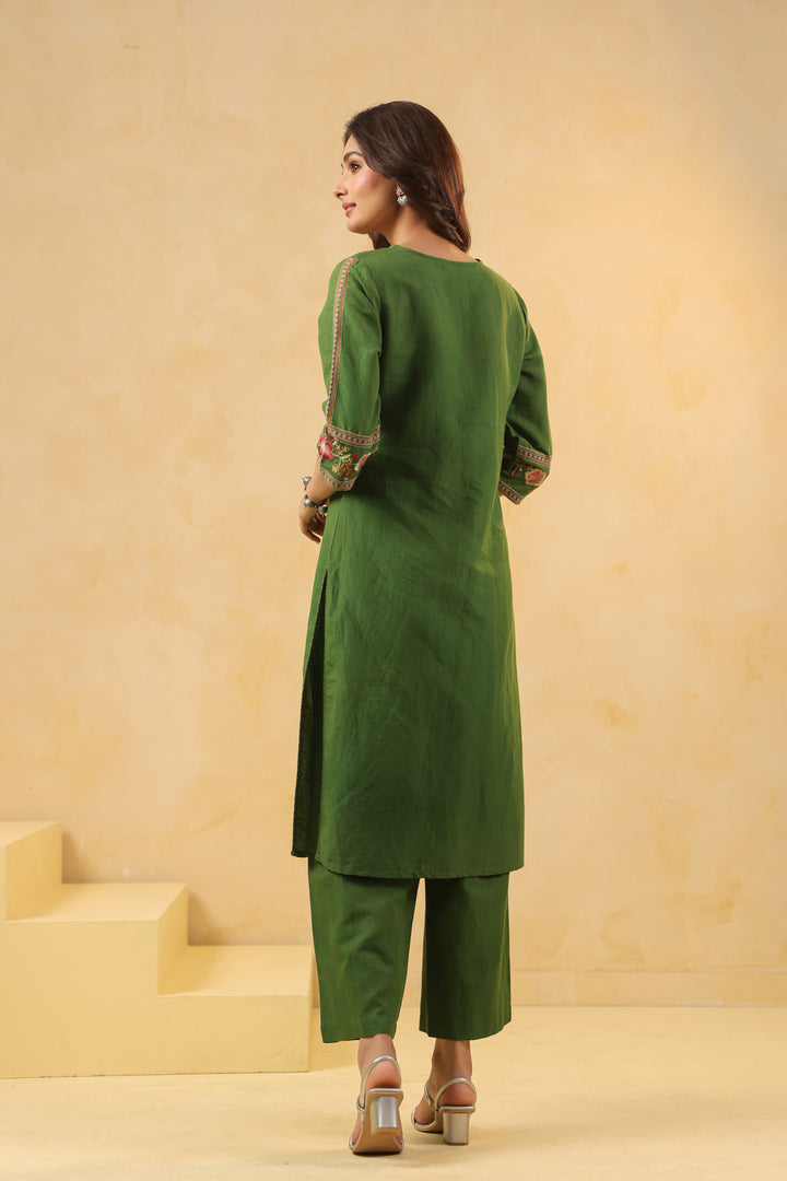 Green Cotton Embroidered Designer Kurta Pant With Dupatta Set