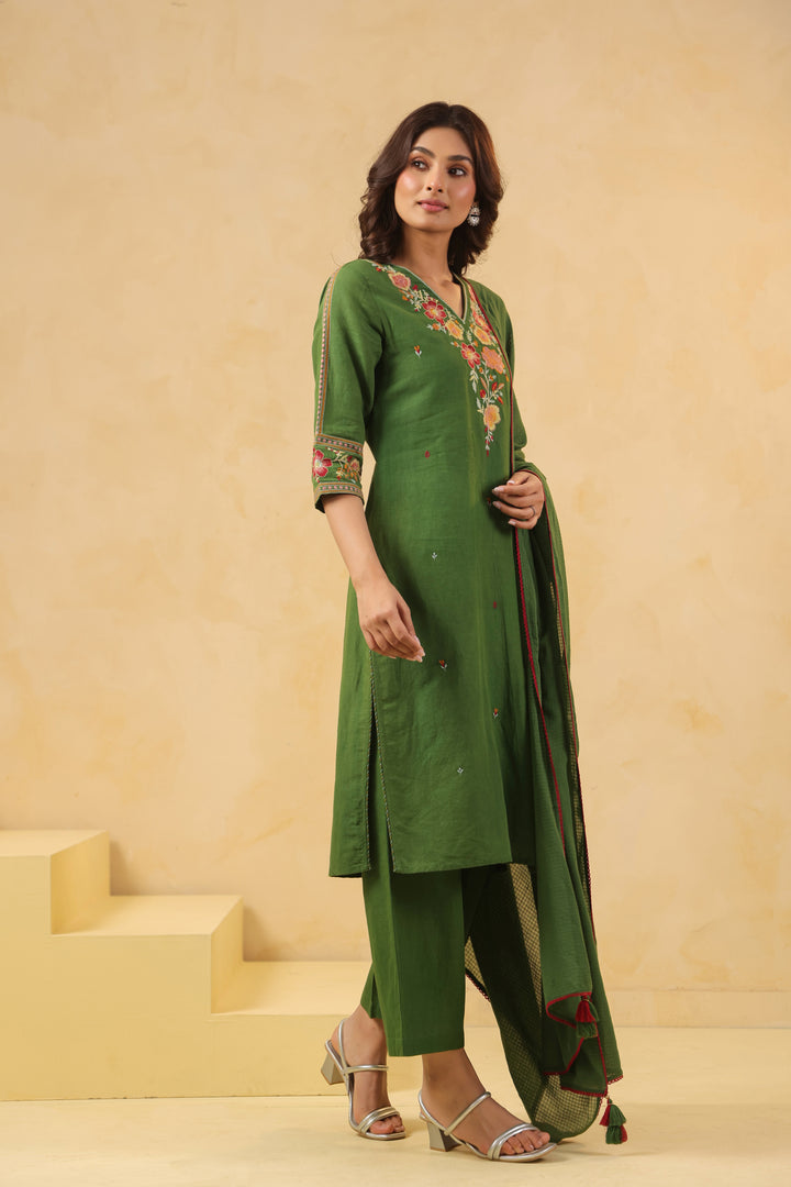 Green Cotton Embroidered Designer Kurta Pant With Dupatta Set