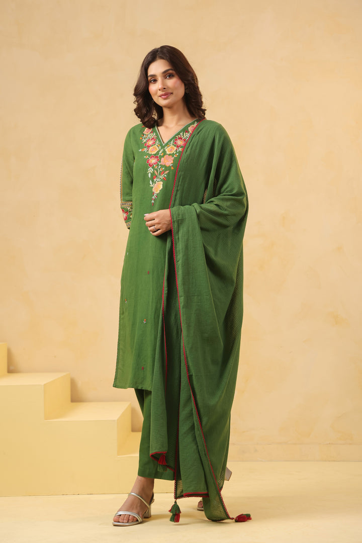Green Cotton Embroidered Designer Kurta Pant With Dupatta Set