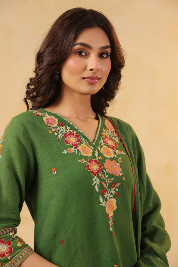 Green Cotton Embroidered Designer Kurta Pant With Dupatta Set
