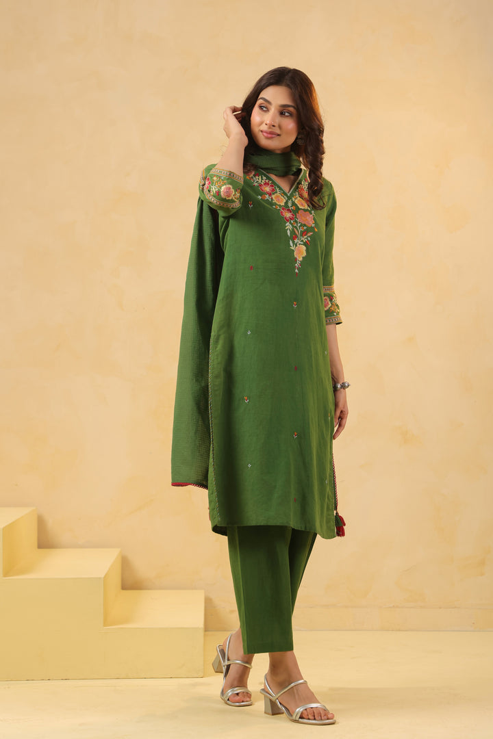 Green Cotton Embroidered Designer Kurta Pant With Dupatta Set