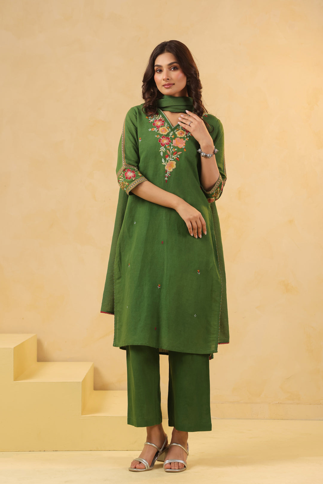 Green Cotton Embroidered Designer Kurta Pant With Dupatta Set