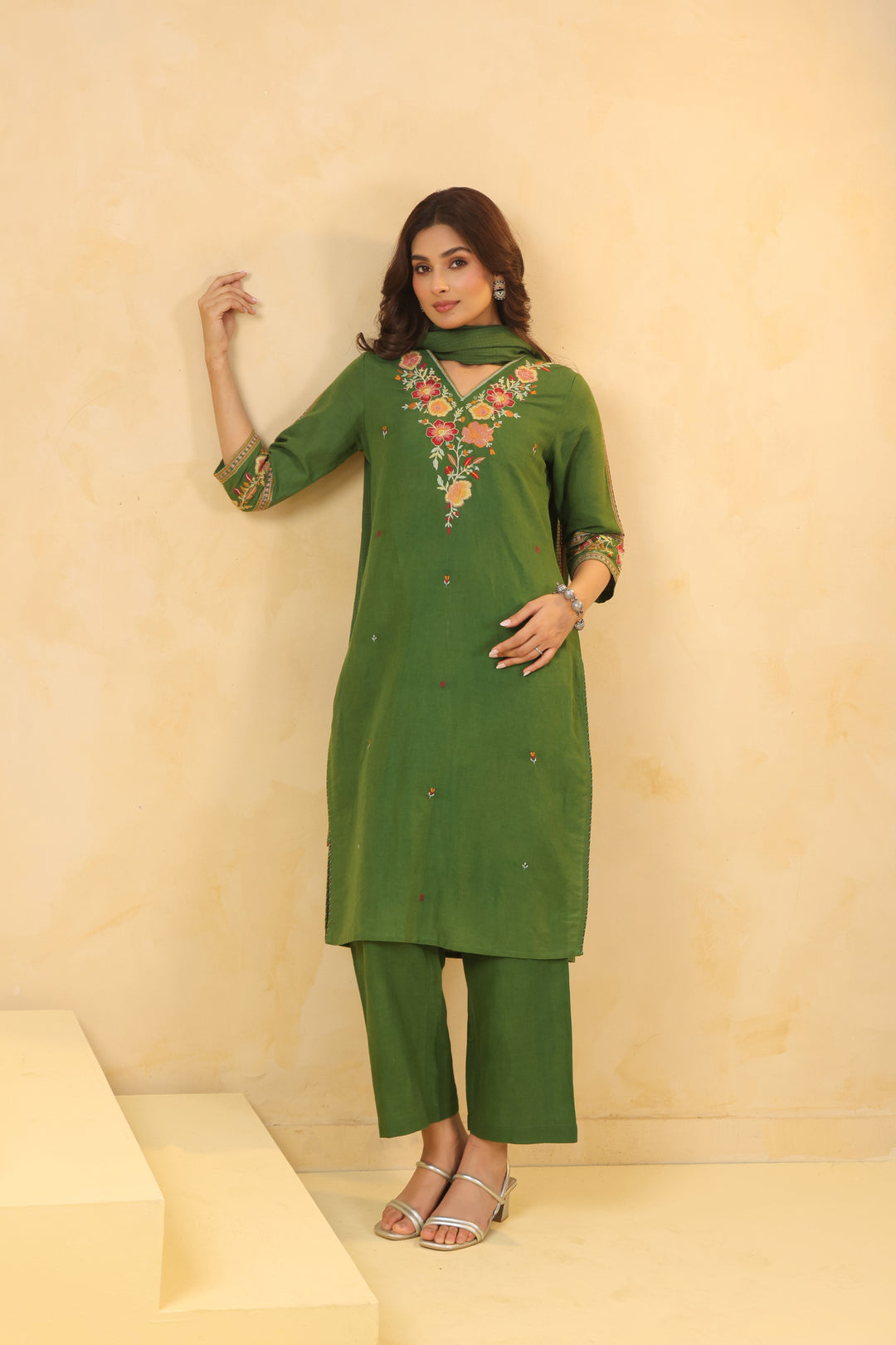 Green Cotton Embroidered Designer Kurta Pant With Dupatta Set