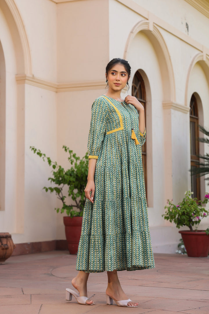 Green Pure Cotton Tribal Print Lace Work Tiered/Flared Designer Dress