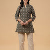 Green Cotton Printed Long Casual Top