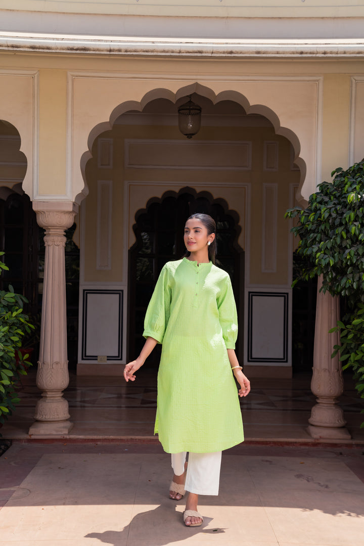 Green Cotton Detailed Straight Kurta