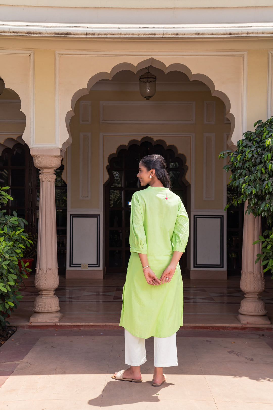 Green Cotton Detailed Straight Kurta
