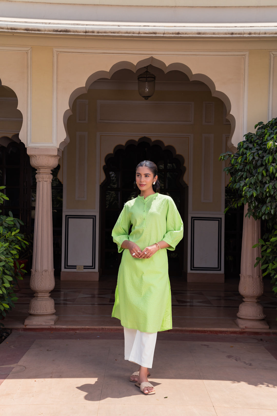 Green Cotton Detailed Straight Kurta