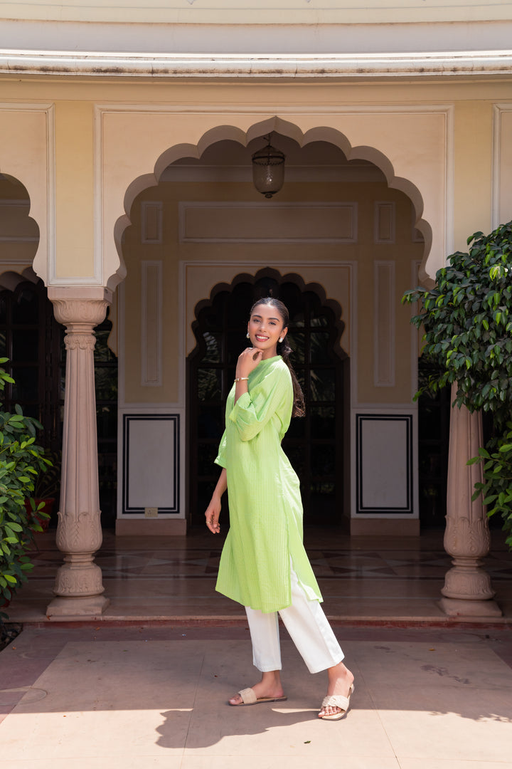 Green Cotton Detailed Straight Kurta