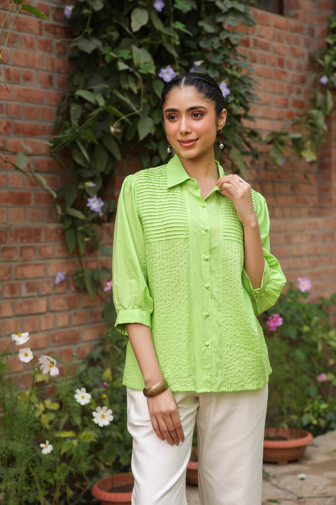 Green Cotton Detailed Shirt Collar Top