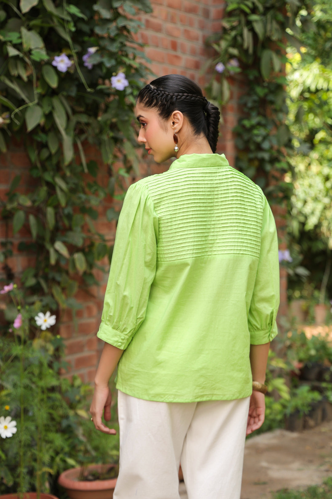 Green Cotton Detailed Shirt Collar Top