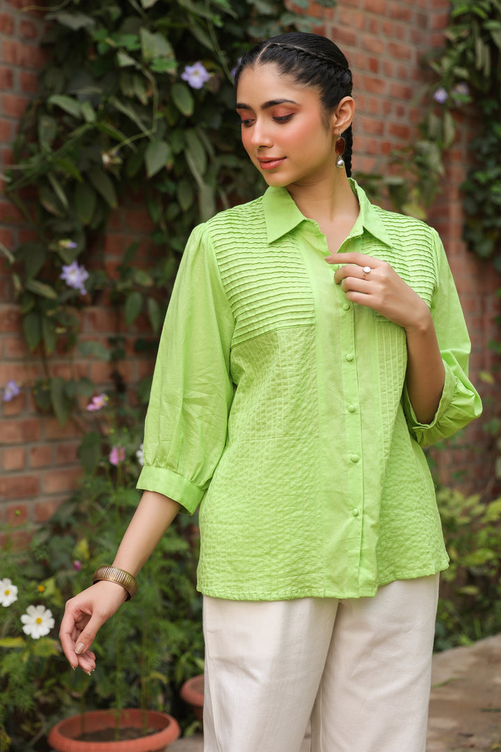 Green Cotton Detailed Shirt Collar Top