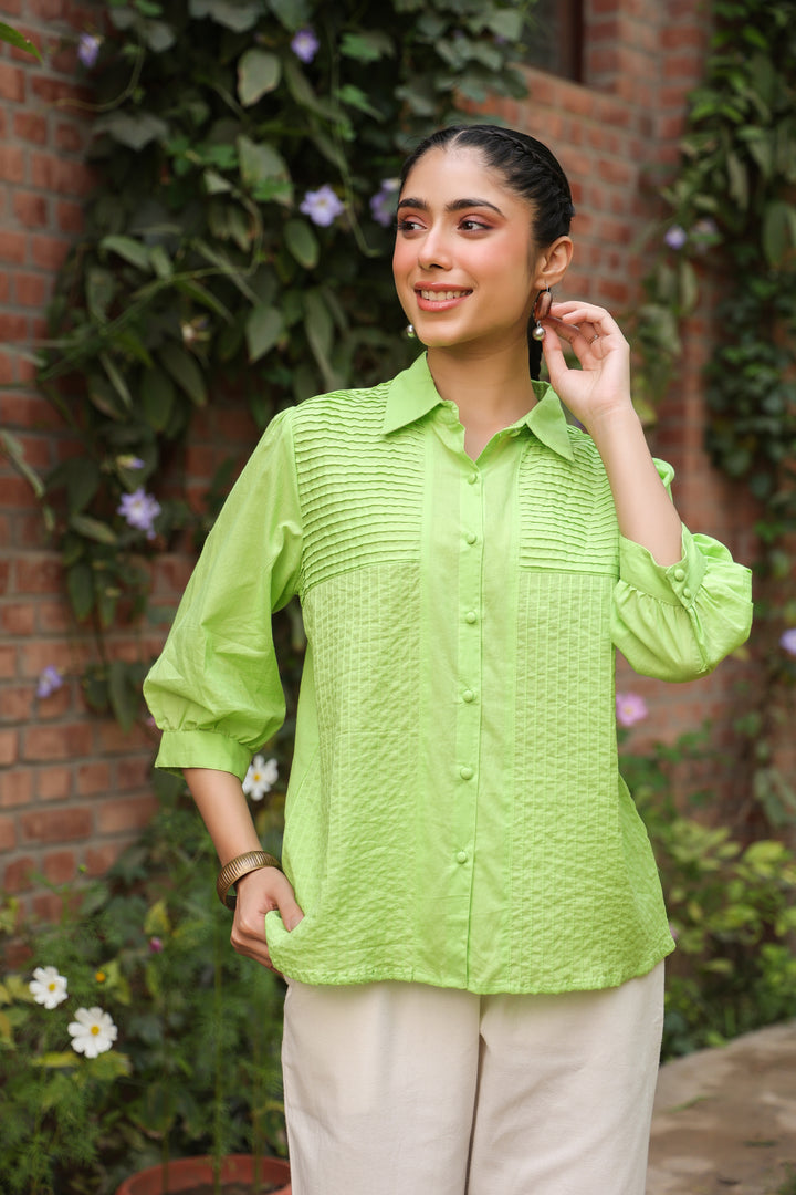 Green Cotton Detailed Shirt Collar Top