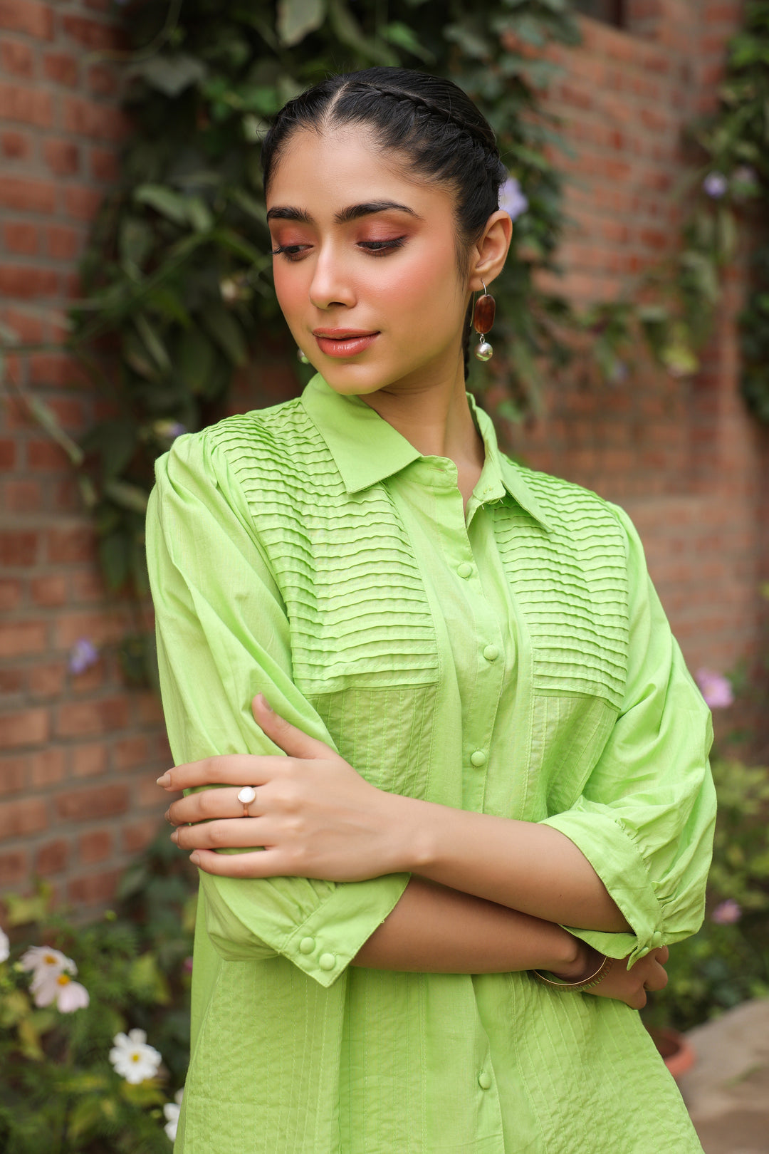 Green Cotton Detailed Shirt Collar Top