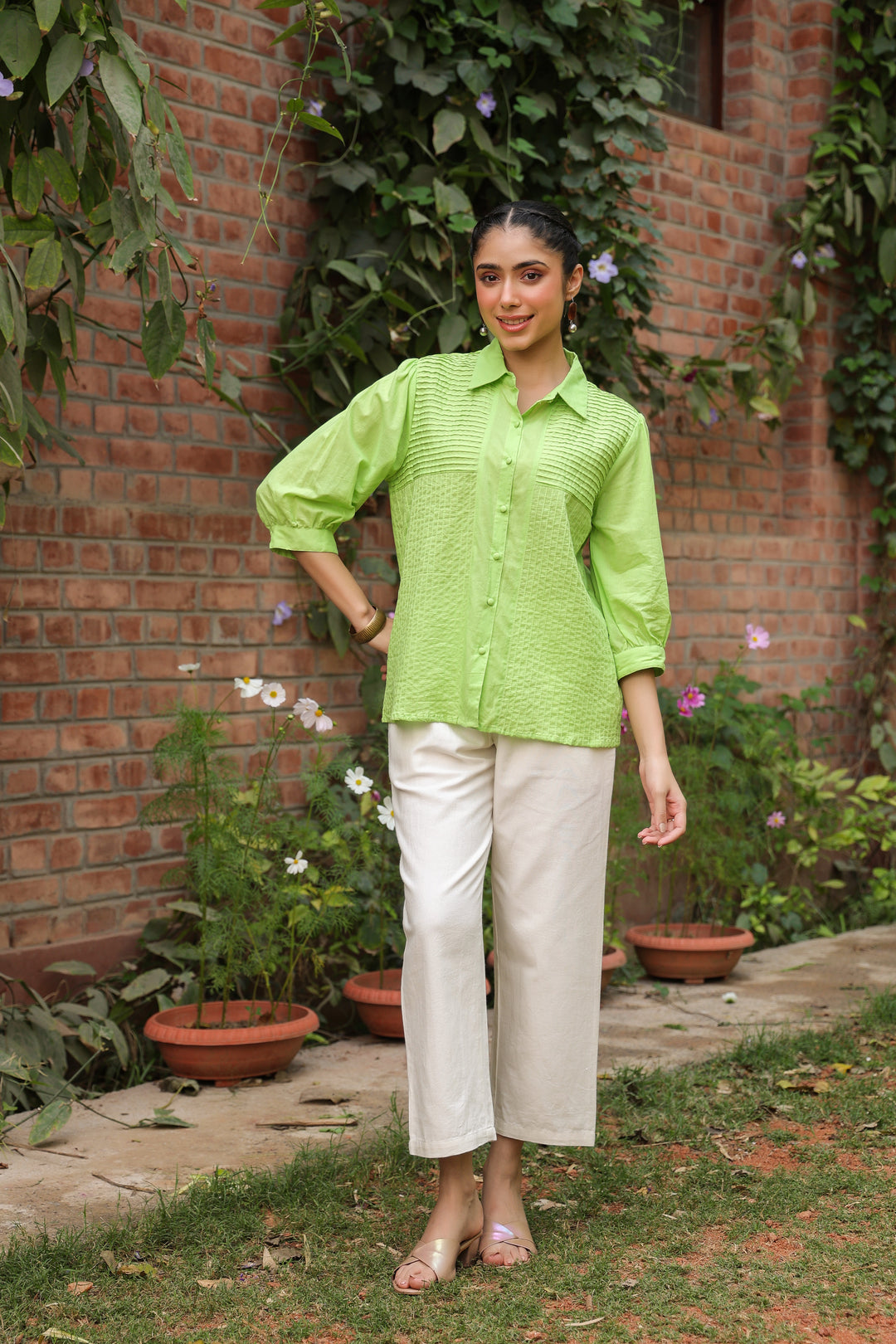 Green Cotton Detailed Shirt Collar Top