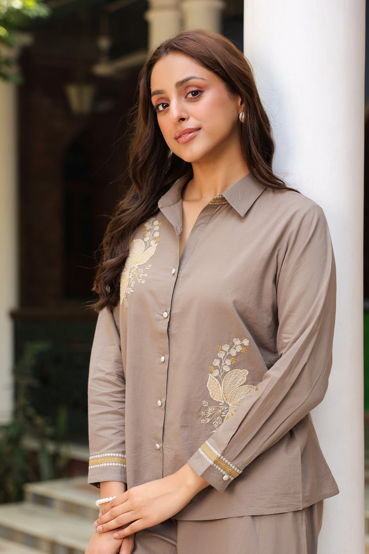 Grey Cotton Embroidered Shirt Top