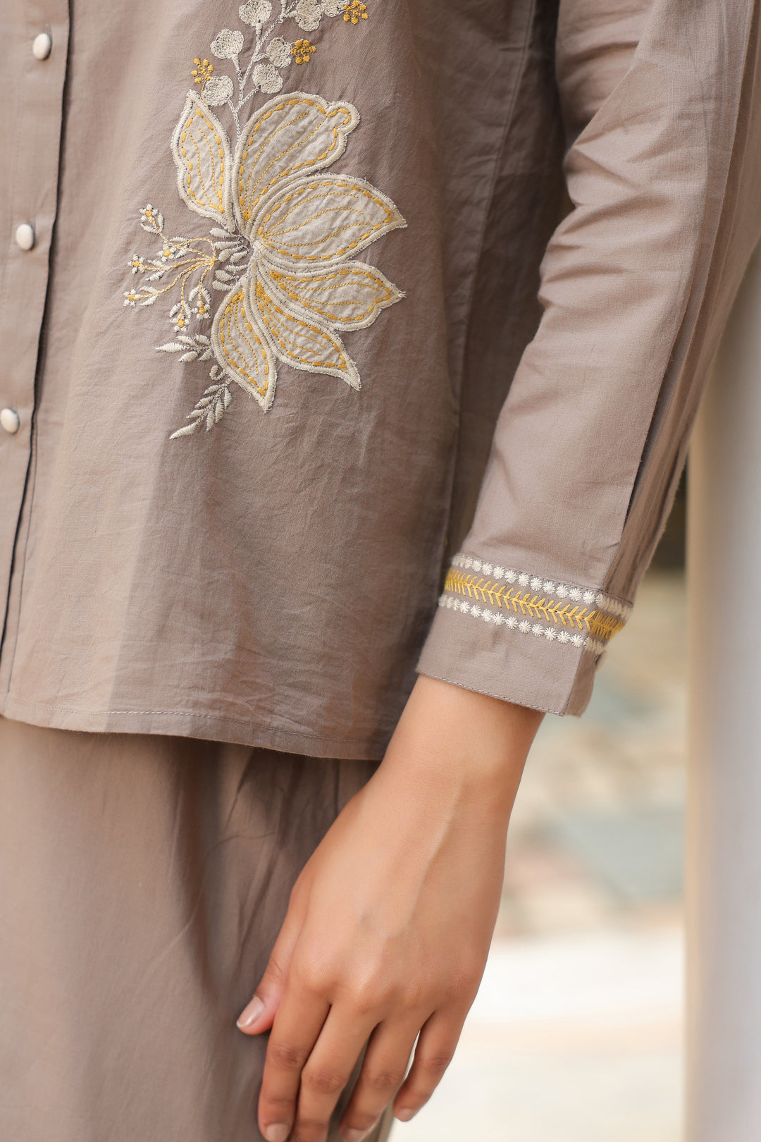 Grey Cotton Embroidered Shirt Top