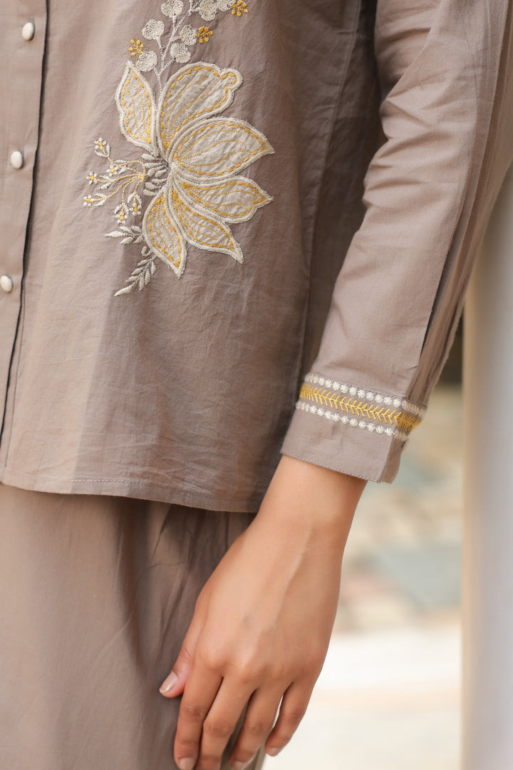 Grey Cotton Embroidered Shirt Top