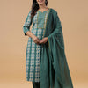 Teal Green Cotton Printed Embellished Kurta Pant Set With Dupatta