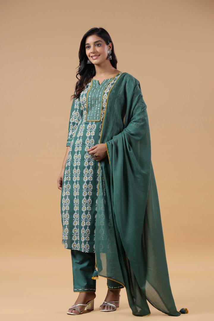 Teal Green Cotton Printed Embellished Kurta Pant Set With Dupatta