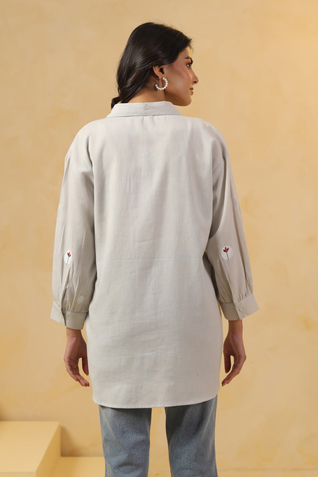 Grey Cotton Embroidered Designer Shirt Top