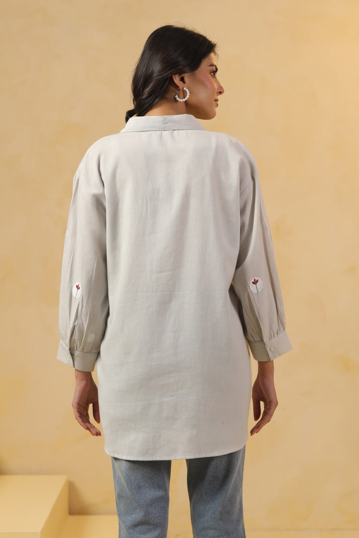 Grey Cotton Embroidered Designer Shirt Top