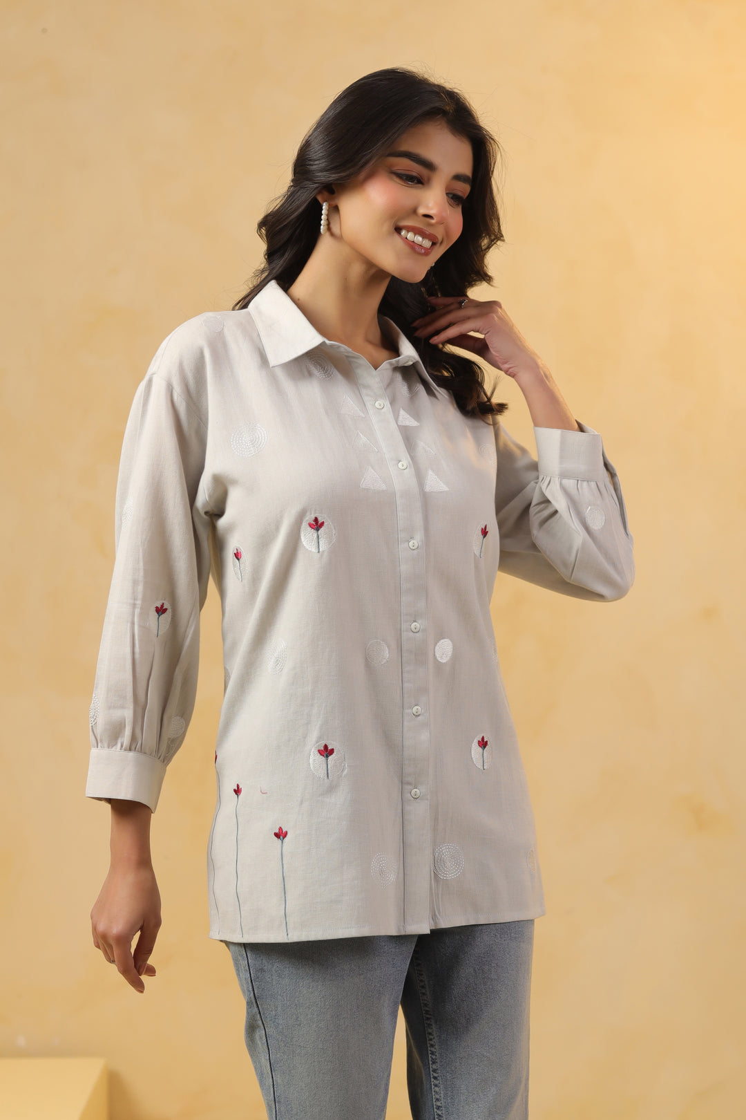 Grey Cotton Embroidered Designer Shirt Top