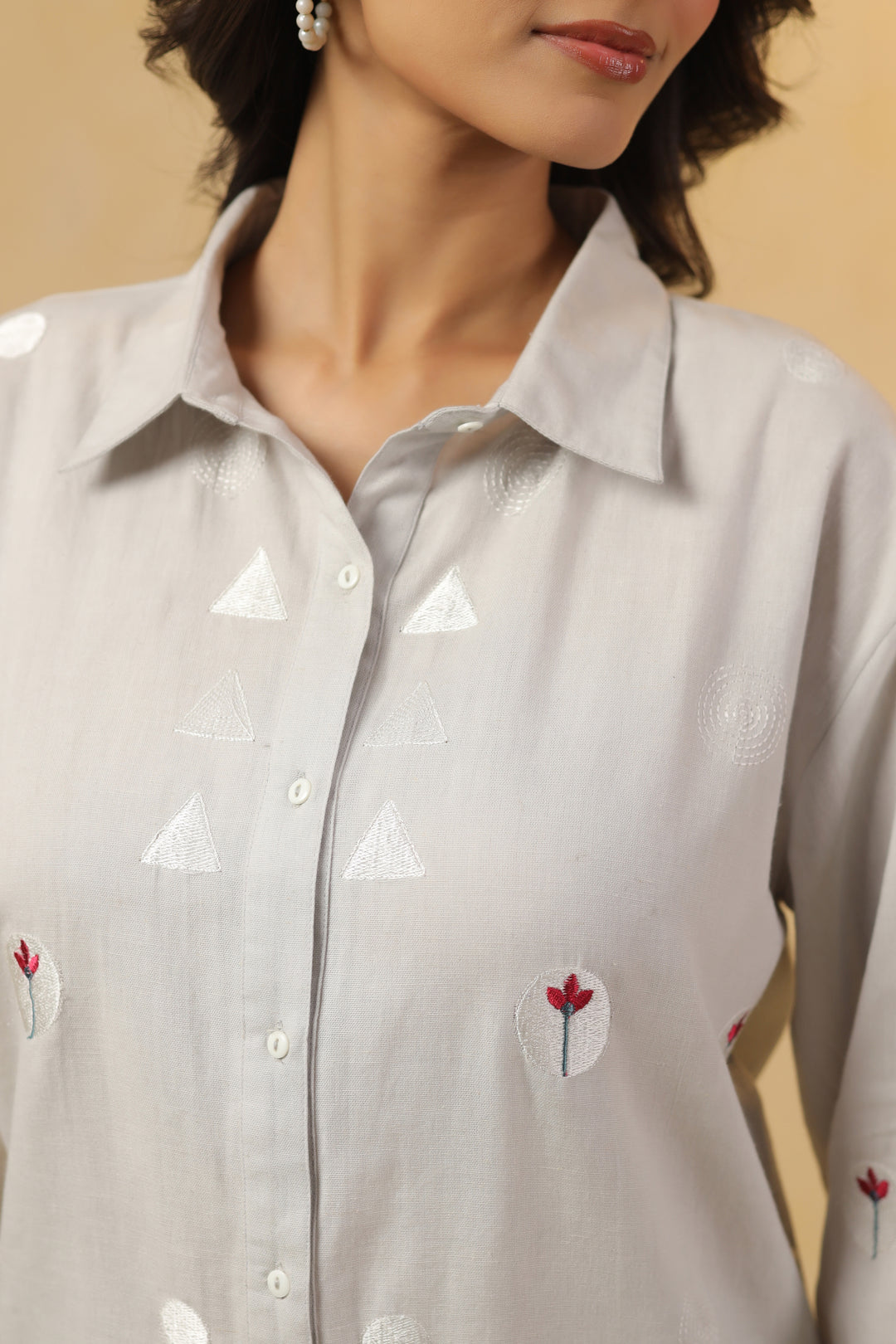Grey Cotton Embroidered Designer Shirt Top