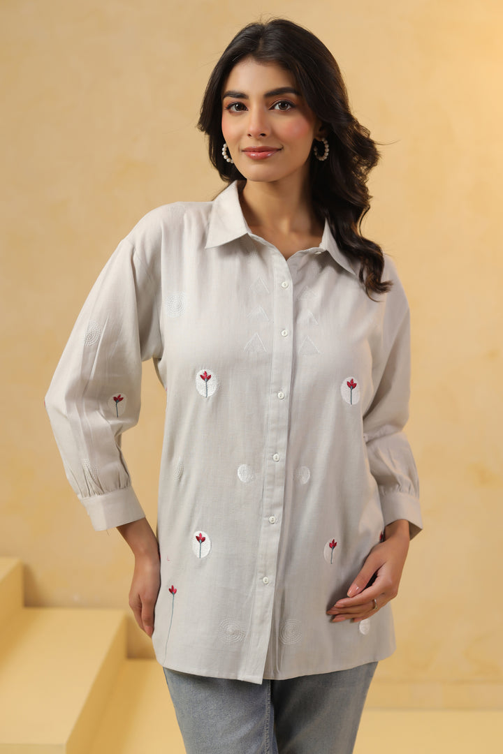 Grey Cotton Embroidered Designer Shirt Top