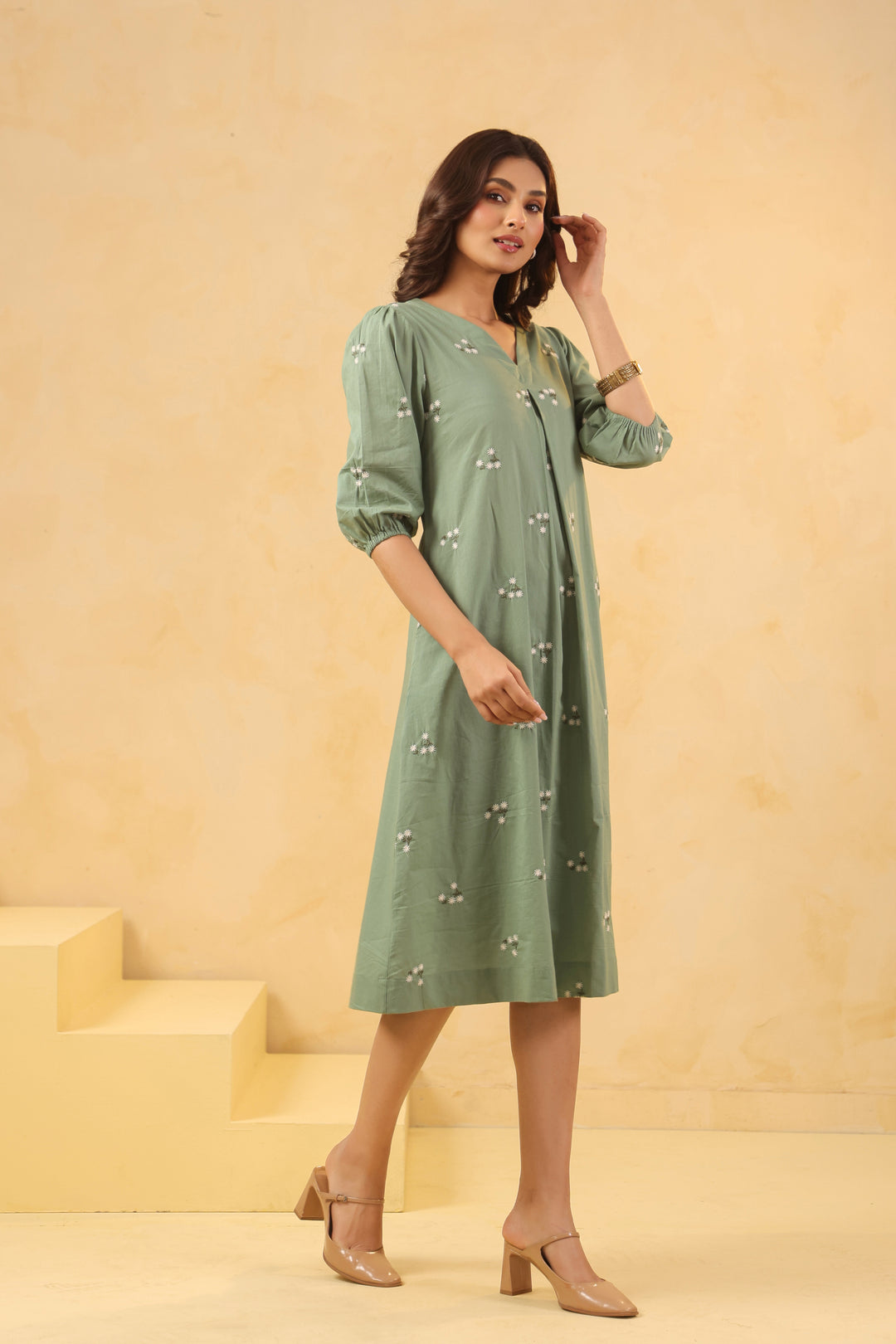Green Cotton Embroidered A-Line Dress