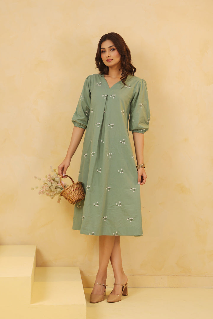 Green Cotton Embroidered A-Line Dress