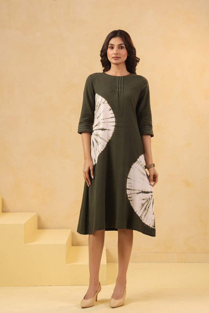 Green Cotton Flex Tie Dye Designer A-Line Dress