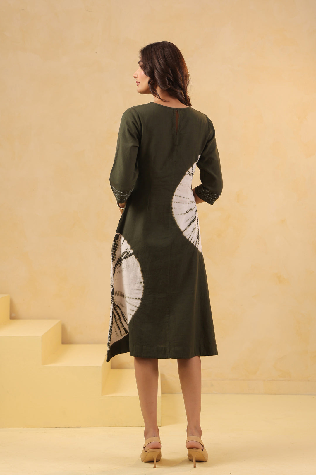 Green Cotton Flex Tie Dye Designer A-Line Dress