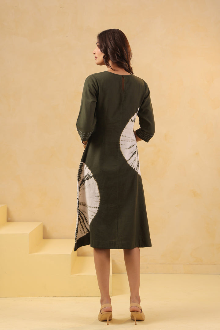 Green Cotton Flex Tie Dye Designer A-Line Dress