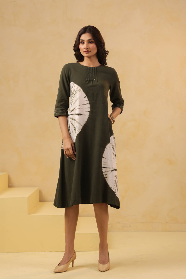 Green Cotton Flex Tie Dye Designer A-Line Dress