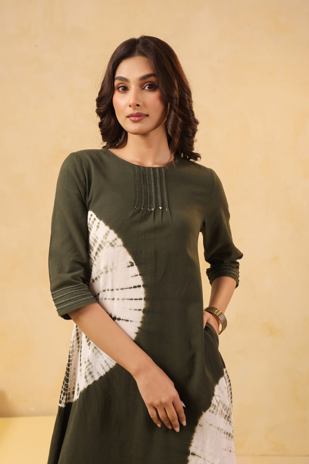 Green Cotton Flex Tie Dye Designer A-Line Dress