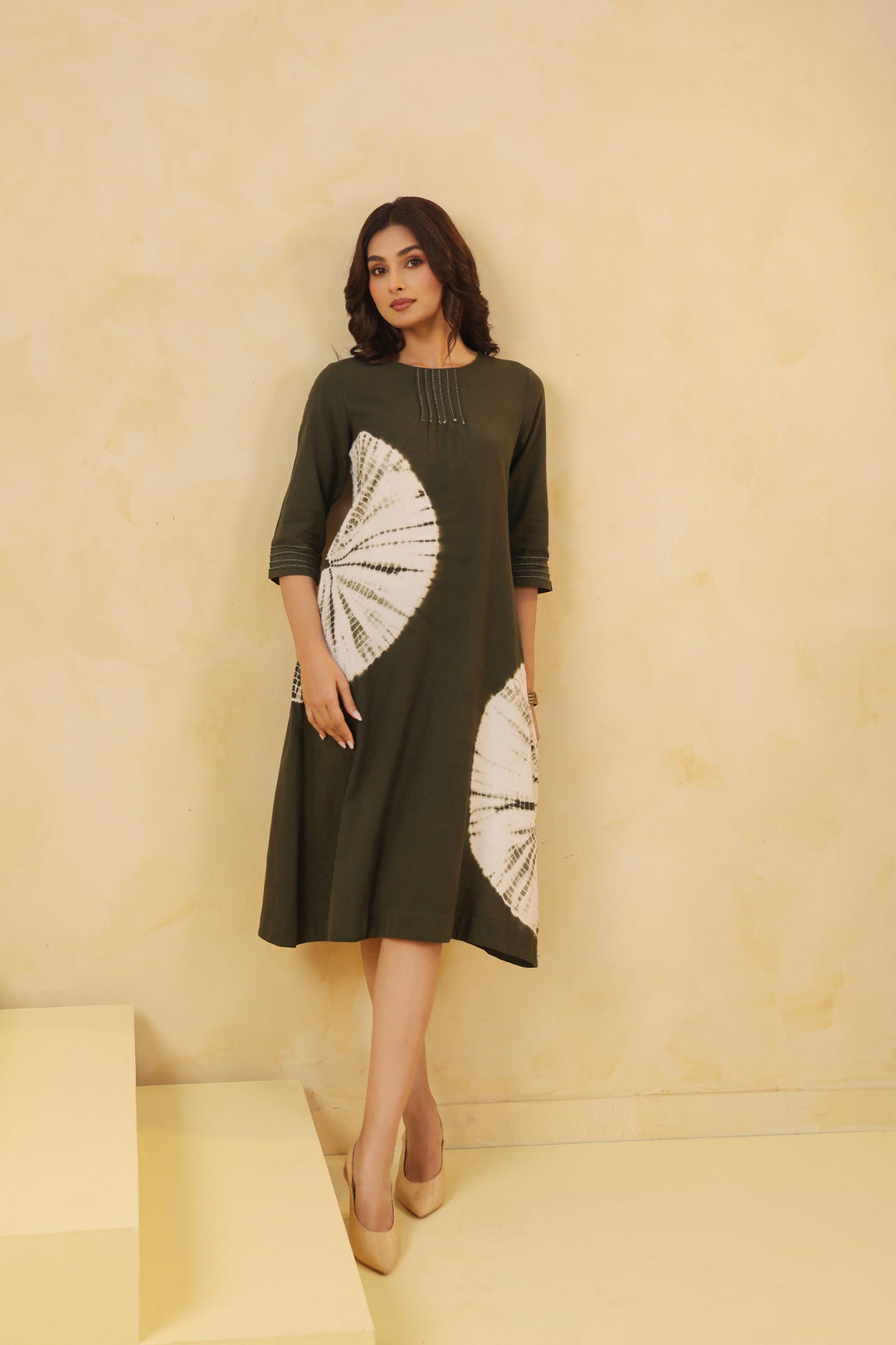 Green Cotton Flex Tie Dye Designer A-Line Dress