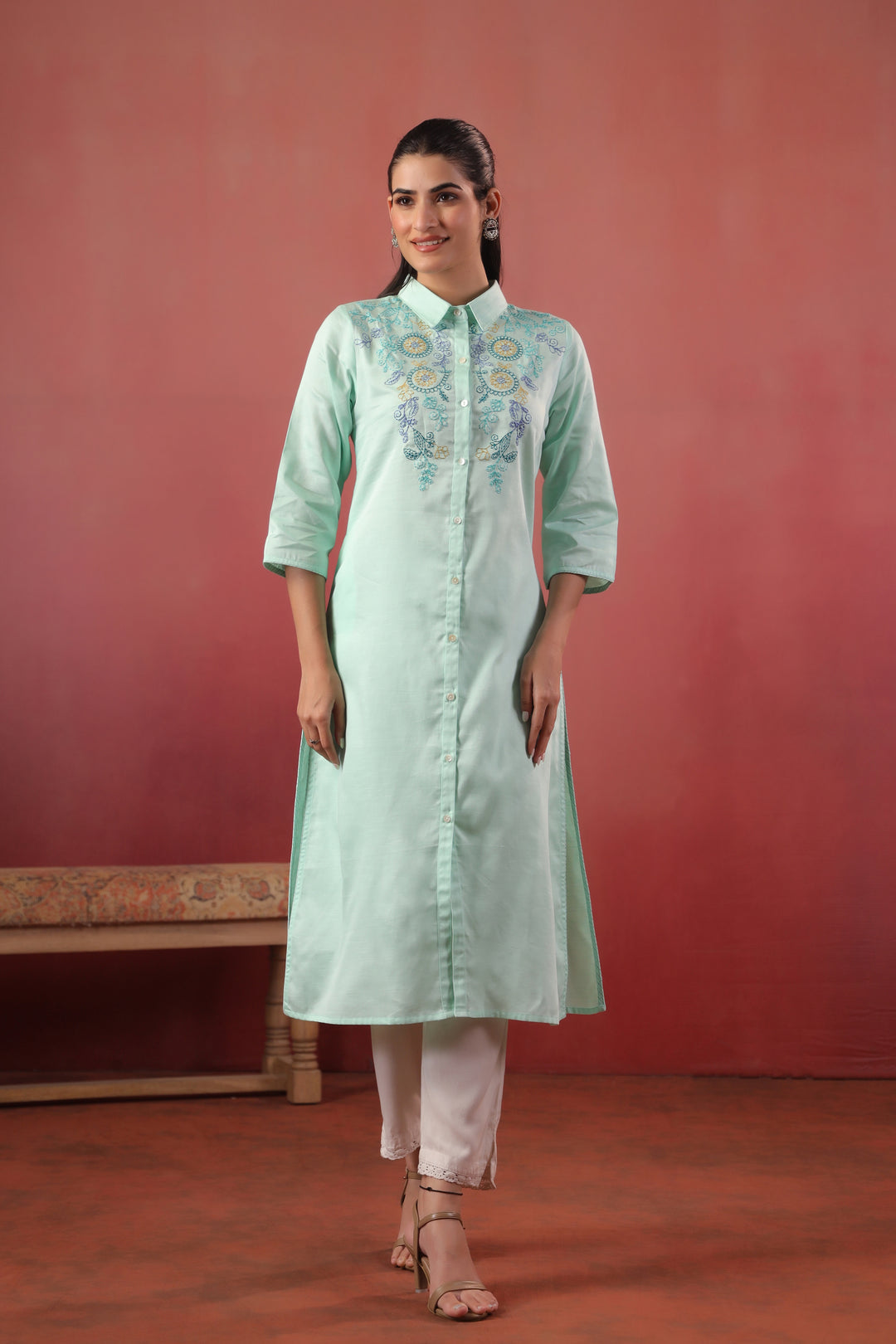 Mint Green Cotton Embroidery Designer Kurta
