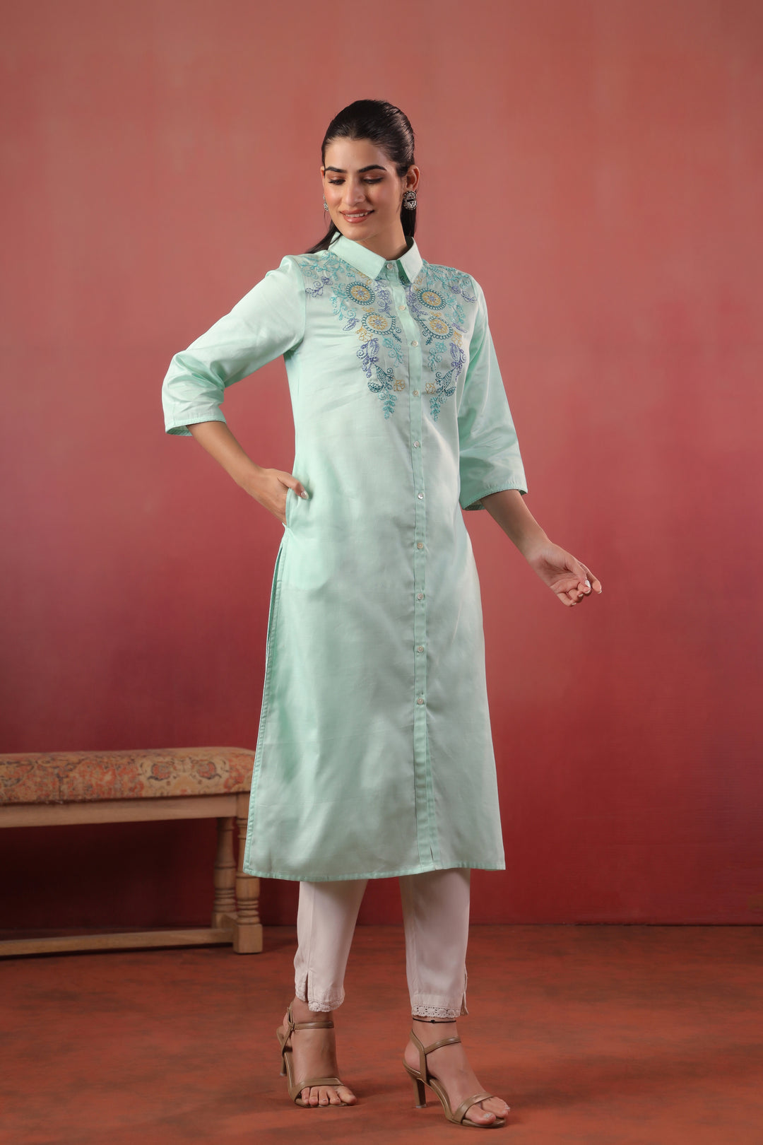 Mint Green Cotton Embroidery Designer Kurta