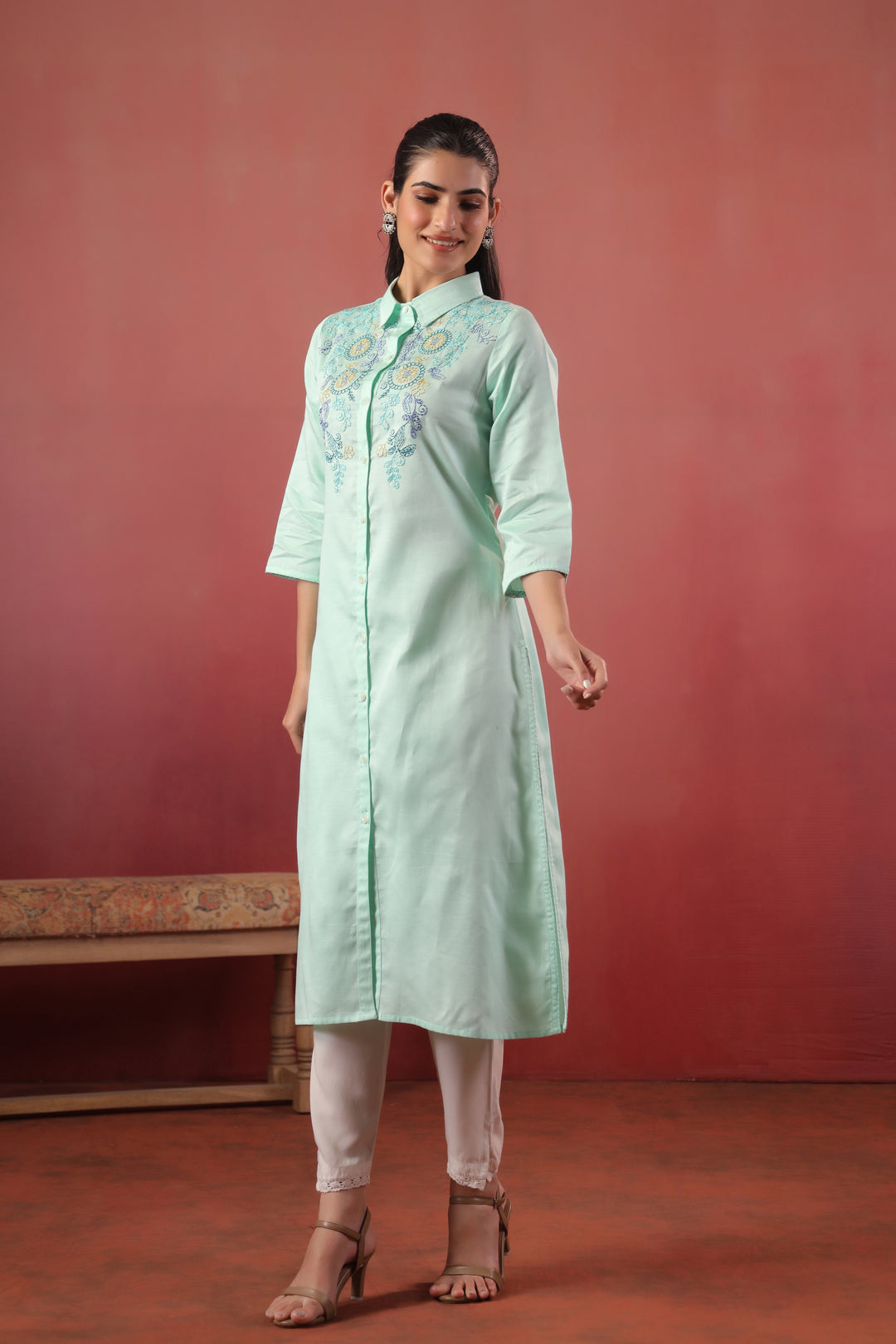 Mint Green Cotton Embroidery Designer Kurta